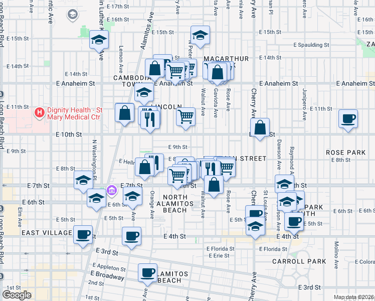 map of restaurants, bars, coffee shops, grocery stores, and more near 1438 East 9th Street in Long Beach