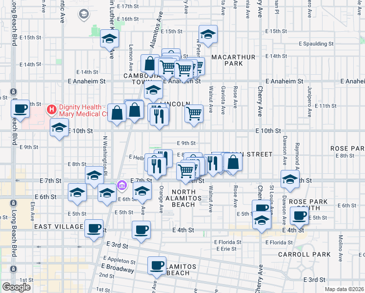 map of restaurants, bars, coffee shops, grocery stores, and more near 1334 East 9th Street in Long Beach
