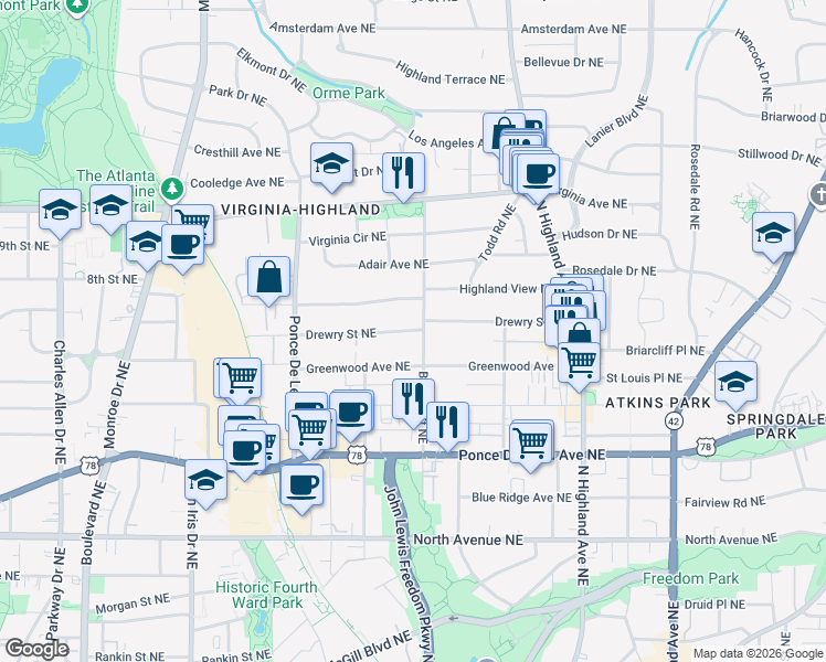 map of restaurants, bars, coffee shops, grocery stores, and more near Drewry Street Northeast in Atlanta