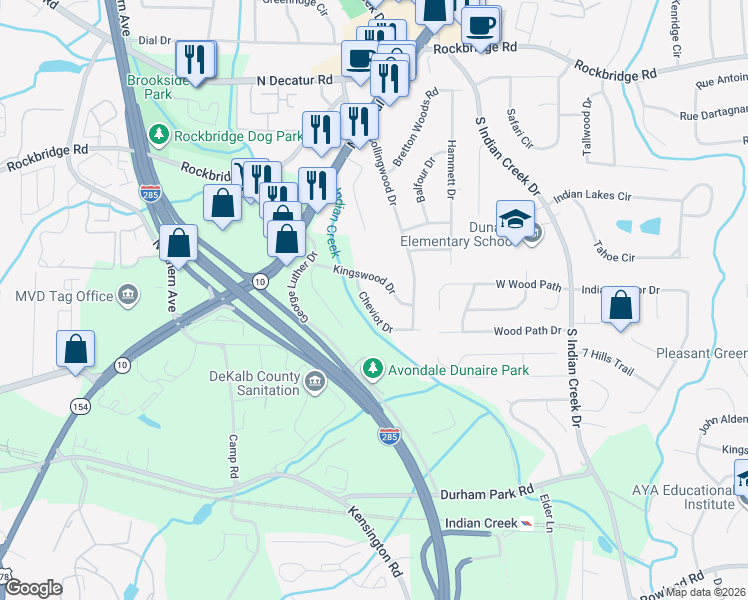 map of restaurants, bars, coffee shops, grocery stores, and more near 3783 Kingswood Drive in Decatur