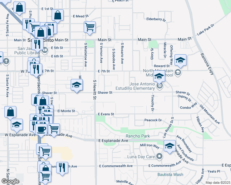 map of restaurants, bars, coffee shops, grocery stores, and more near Shaver Street in San Jacinto