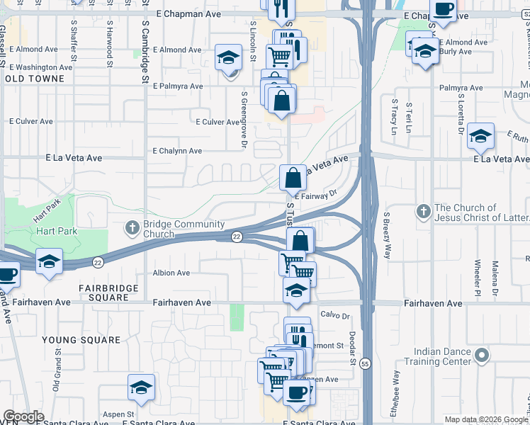 map of restaurants, bars, coffee shops, grocery stores, and more near 1543 East Fairway Drive in Orange