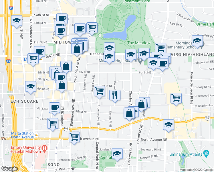 map of restaurants, bars, coffee shops, grocery stores, and more near 7th St NE & Glendale Terrace NE in Atlanta