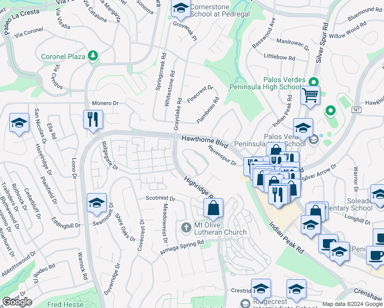 map of restaurants, bars, coffee shops, grocery stores, and more near 62 Hilltop Circle in Rancho Palos Verdes