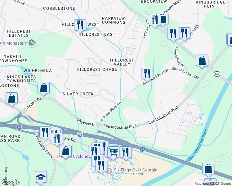 map of restaurants, bars, coffee shops, grocery stores, and more near 7331 Copperbend Court Southeast in Austell