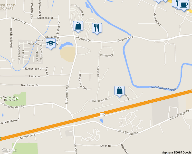 map of restaurants, bars, coffee shops, grocery stores, and more near 991 Aspen Drive in Lithia Springs