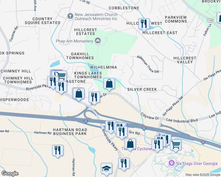 map of restaurants, bars, coffee shops, grocery stores, and more near 7222 Gold Mine Avenue in Austell