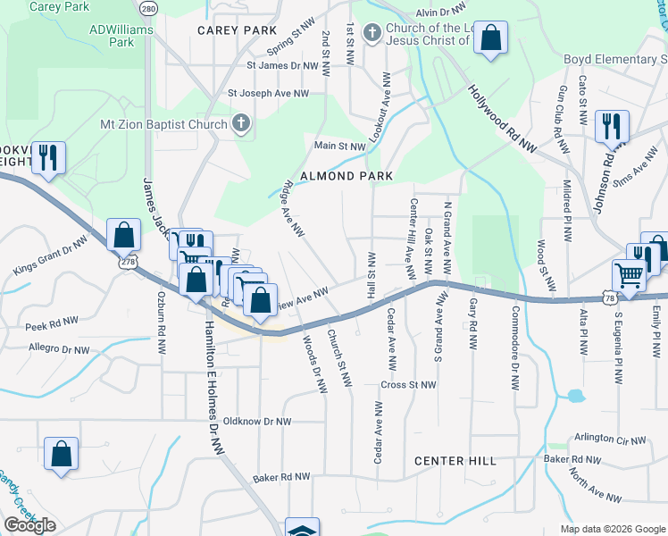 map of restaurants, bars, coffee shops, grocery stores, and more near 849 Ridge Avenue Northwest in Atlanta