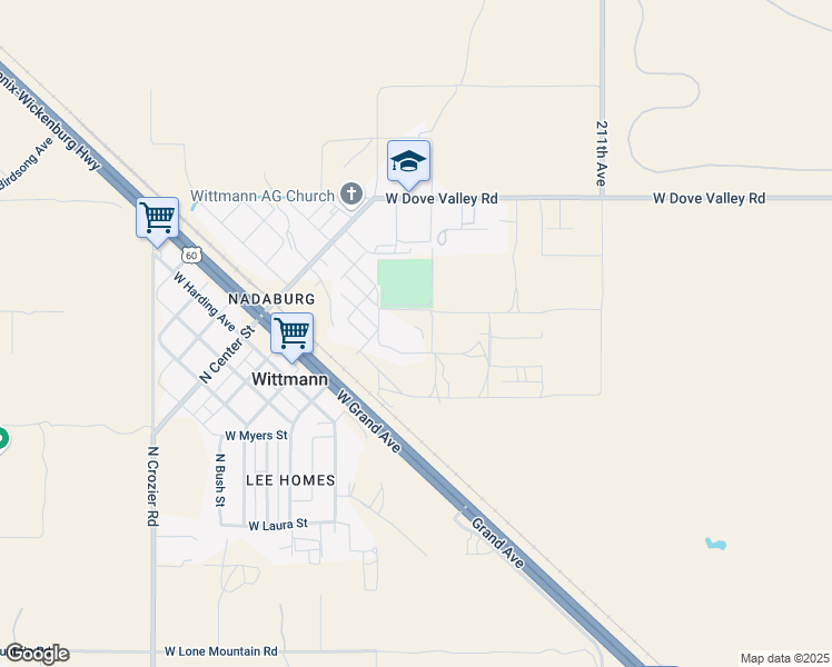 map of restaurants, bars, coffee shops, grocery stores, and more near 32506 North 214th Avenue in Wittmann