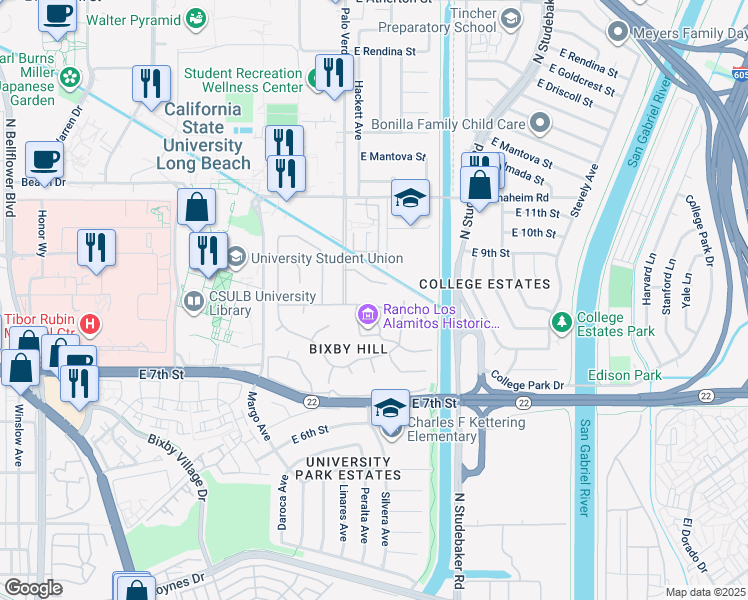 map of restaurants, bars, coffee shops, grocery stores, and more near 6421 East Bixby Hill Road in Long Beach