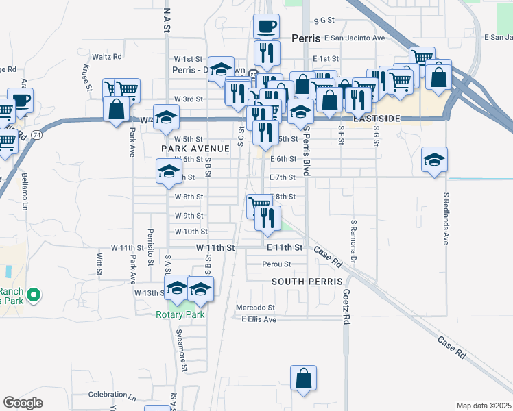map of restaurants, bars, coffee shops, grocery stores, and more near 832 South D Street in Perris