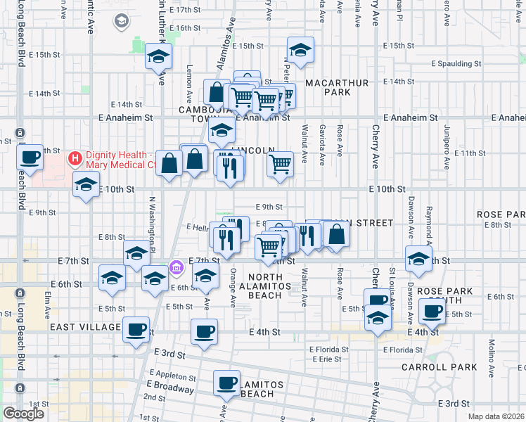 map of restaurants, bars, coffee shops, grocery stores, and more near 1334 East 9th Street in Long Beach