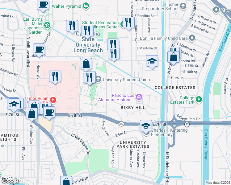 map of restaurants, bars, coffee shops, grocery stores, and more near 6301 East Bixby Hill Road in Long Beach