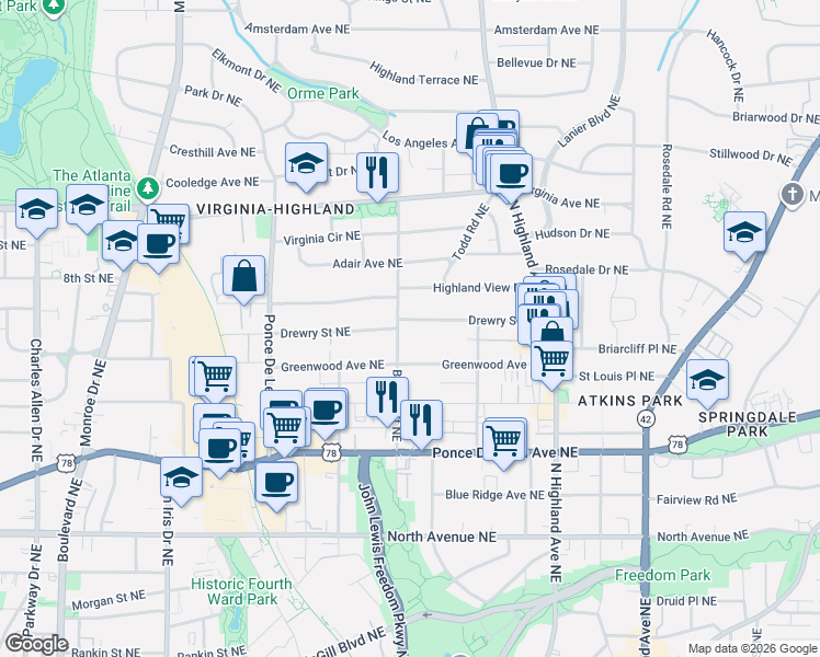 map of restaurants, bars, coffee shops, grocery stores, and more near 880 Drewry Street Northeast in Atlanta