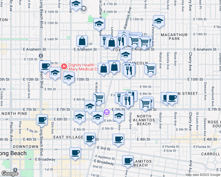 map of restaurants, bars, coffee shops, grocery stores, and more near 842 Alamitos Avenue in Long Beach