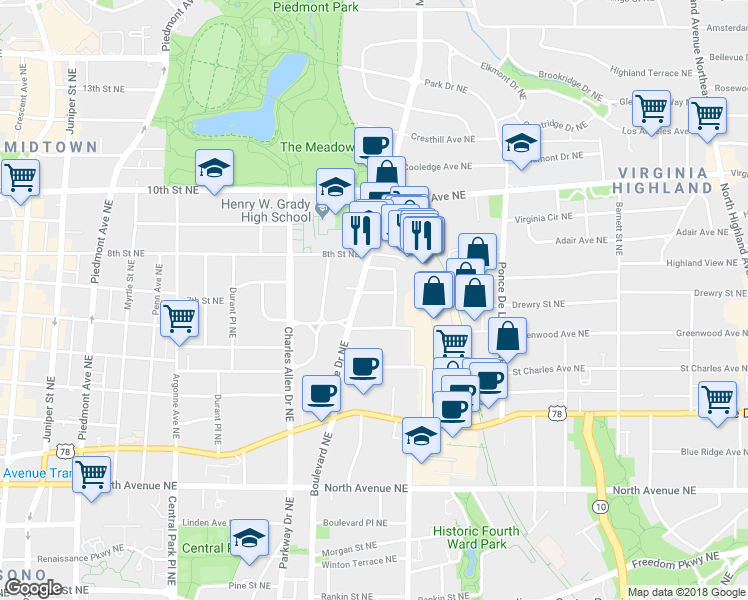 map of restaurants, bars, coffee shops, grocery stores, and more near 541 Seal Place Northeast in Atlanta