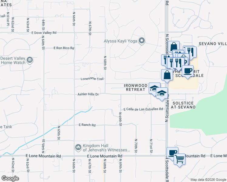 map of restaurants, bars, coffee shops, grocery stores, and more near 6843 East Burnside Trail in Scottsdale