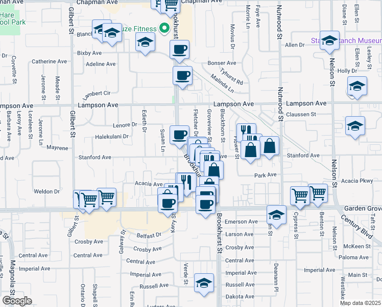 map of restaurants, bars, coffee shops, grocery stores, and more near 12691 Fletcher Drive in Garden Grove