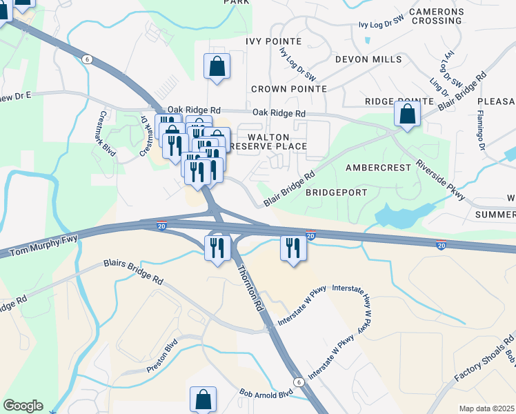 map of restaurants, bars, coffee shops, grocery stores, and more near 1121 Blair Way in Lithia Springs