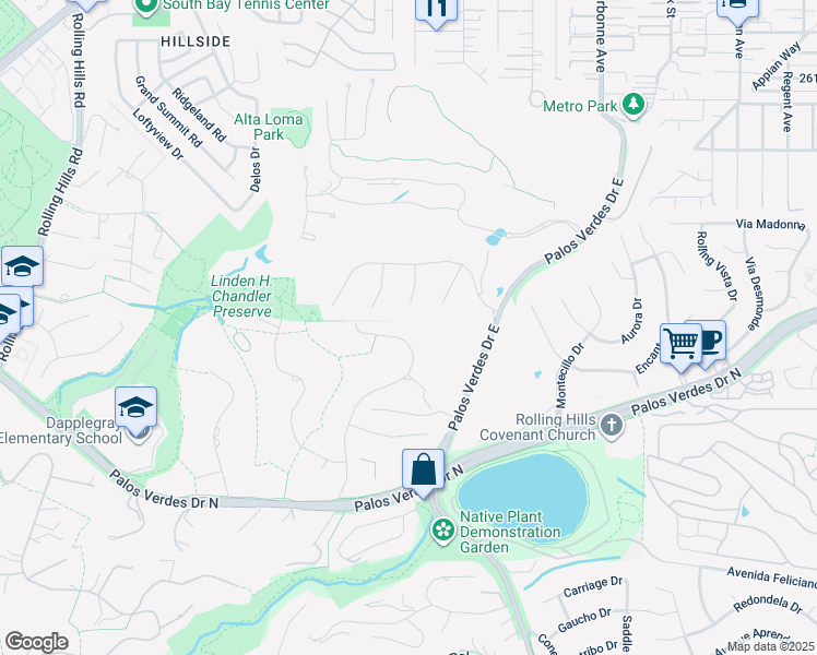 map of restaurants, bars, coffee shops, grocery stores, and more near 78 Dapplegray Lane in Rolling Hills Estates