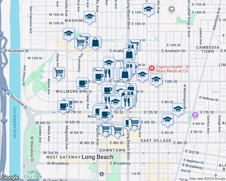 map of restaurants, bars, coffee shops, grocery stores, and more near 131 East 9th Street in Long Beach