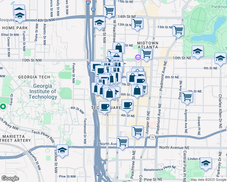 map of restaurants, bars, coffee shops, grocery stores, and more near 859 Spring Street Northwest in Atlanta