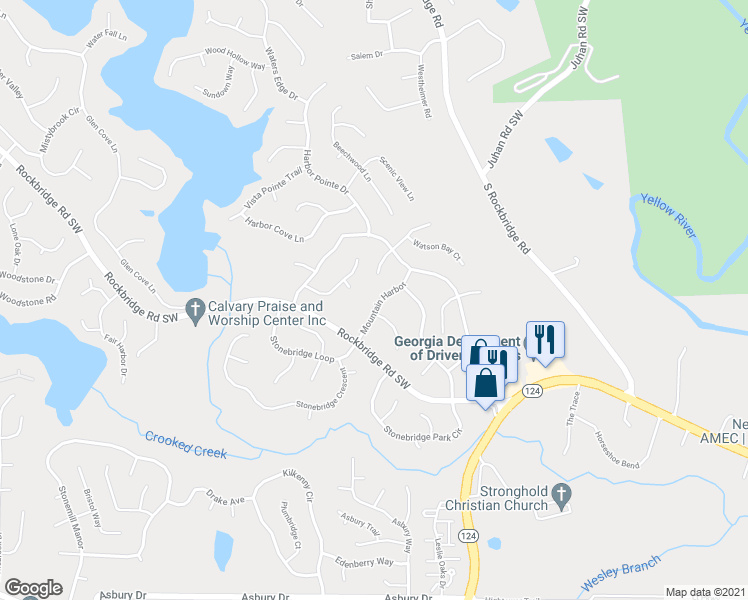 map of restaurants, bars, coffee shops, grocery stores, and more near 615 Mountain Harbor in Stone Mountain