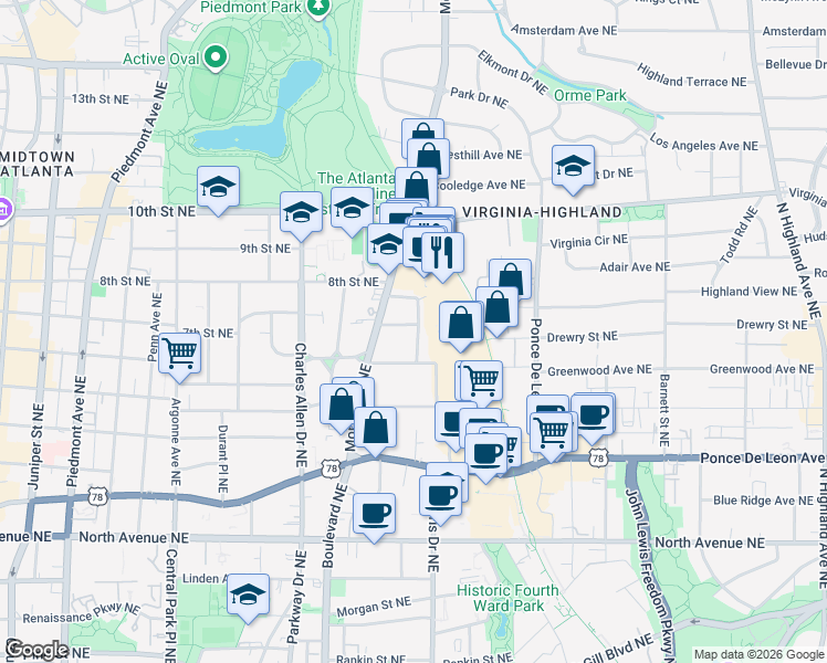 map of restaurants, bars, coffee shops, grocery stores, and more near 561 Seal Place Northeast in Atlanta