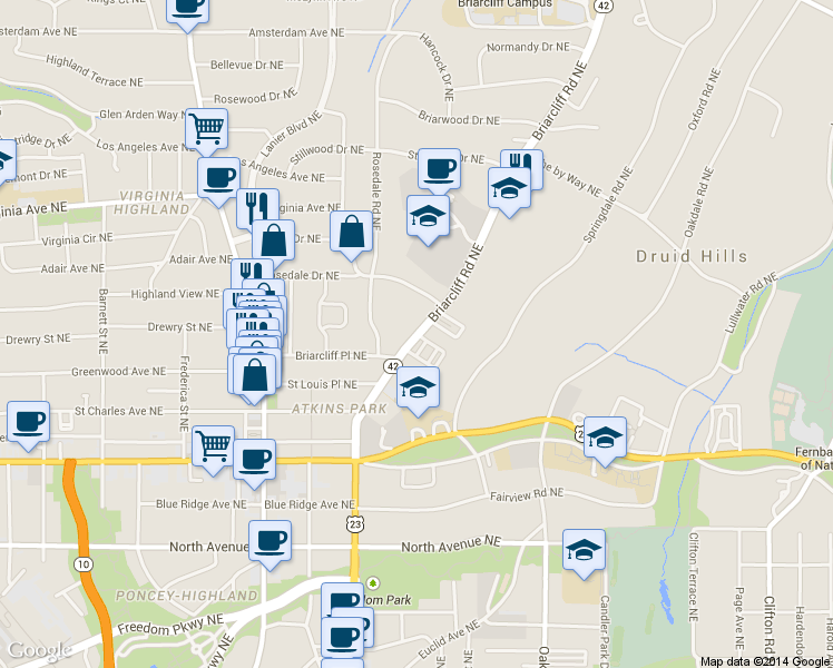 map of restaurants, bars, coffee shops, grocery stores, and more near 878 Briarcliff Road Northeast in Atlanta