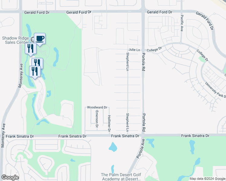 map of restaurants, bars, coffee shops, grocery stores, and more near 74048 West Petunia Place in Palm Desert