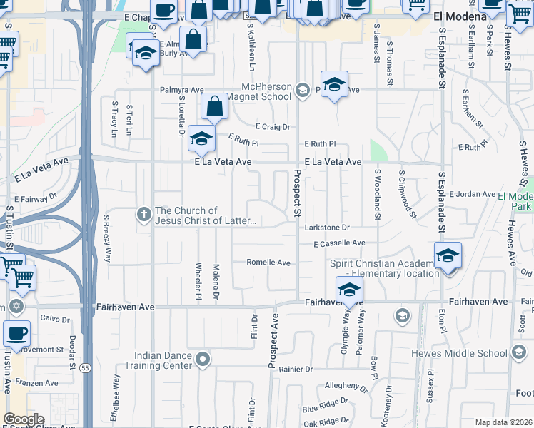 map of restaurants, bars, coffee shops, grocery stores, and more near 3046 East Gainsborough Road in Orange