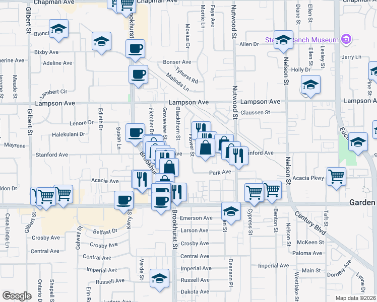 map of restaurants, bars, coffee shops, grocery stores, and more near 12691 Flower Street in Garden Grove