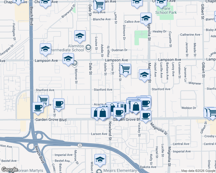 map of restaurants, bars, coffee shops, grocery stores, and more near 12671 Lorna Street in Garden Grove