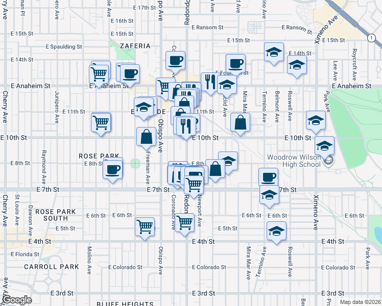 map of restaurants, bars, coffee shops, grocery stores, and more near 924 Redondo Avenue in Long Beach