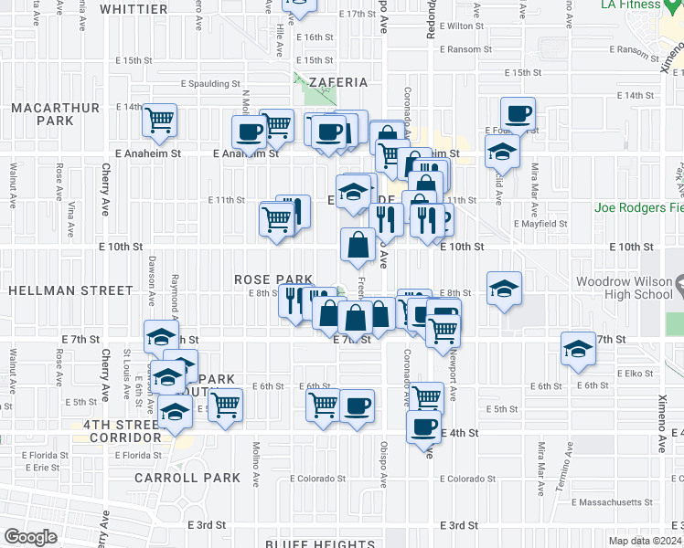 map of restaurants, bars, coffee shops, grocery stores, and more near 920 Orizaba Avenue in Long Beach