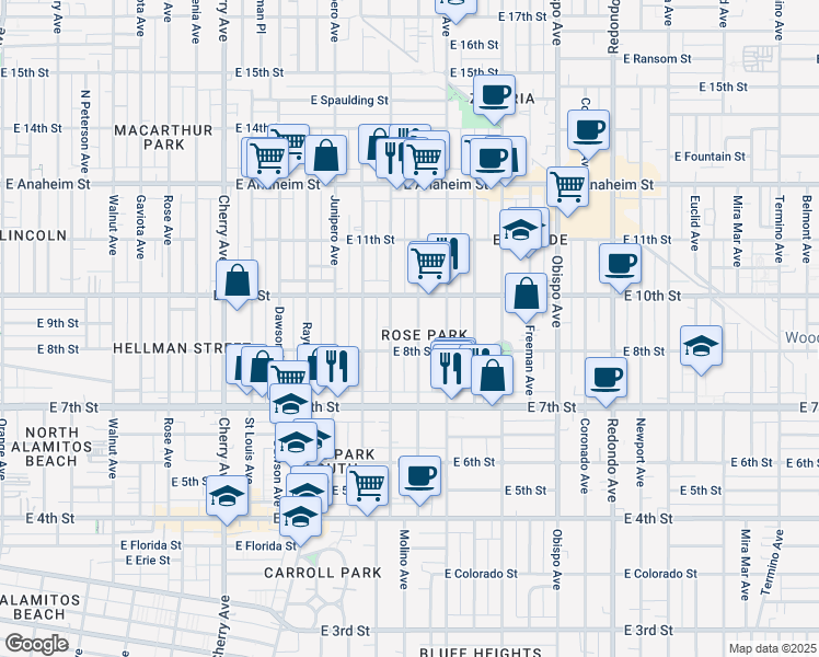 map of restaurants, bars, coffee shops, grocery stores, and more near 922 Molino Avenue in Long Beach