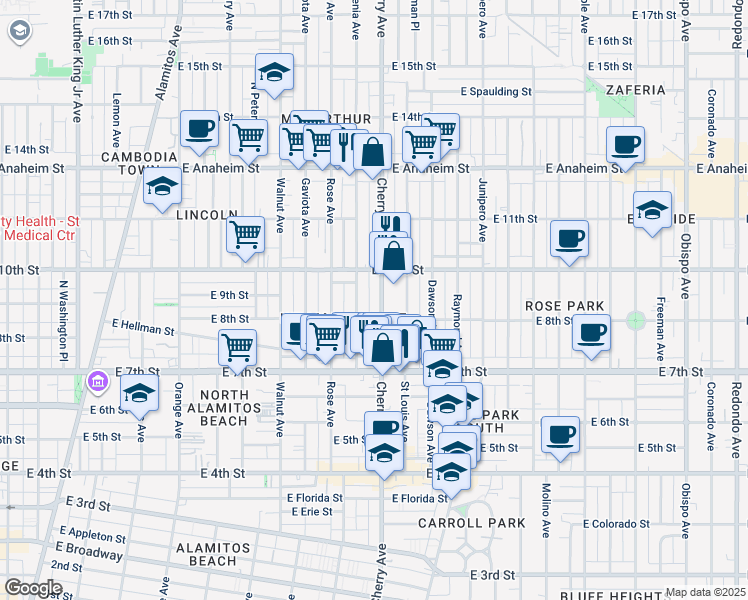 map of restaurants, bars, coffee shops, grocery stores, and more near 924 Gardenia Avenue in Long Beach