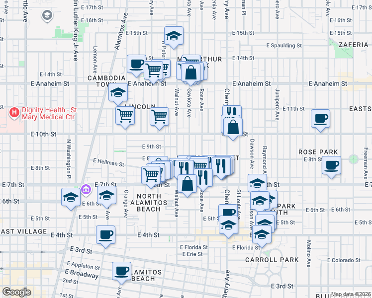 map of restaurants, bars, coffee shops, grocery stores, and more near in Long Beach