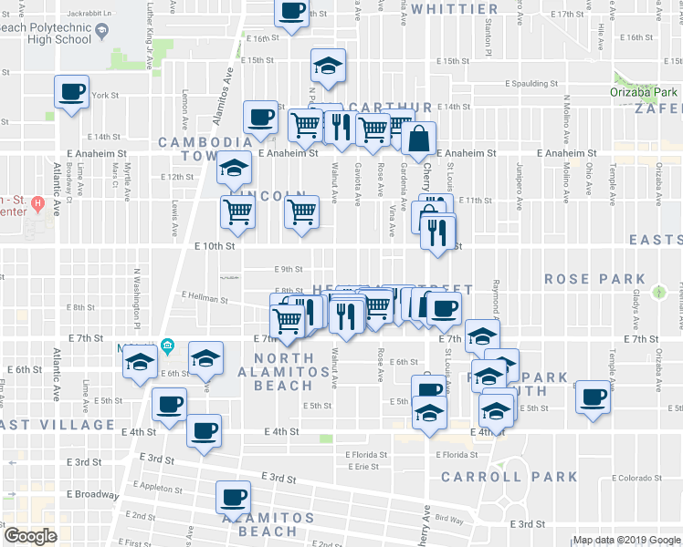 map of restaurants, bars, coffee shops, grocery stores, and more near 917 Gaviota Avenue in Long Beach