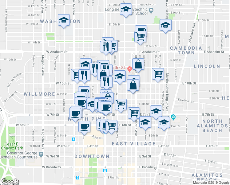 map of restaurants, bars, coffee shops, grocery stores, and more near 935 Elm Avenue in Long Beach