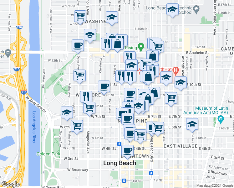 map of restaurants, bars, coffee shops, grocery stores, and more near 939 Pacific Avenue in Long Beach