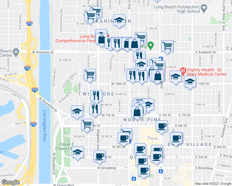map of restaurants, bars, coffee shops, grocery stores, and more near 935 Cedar Avenue in Long Beach