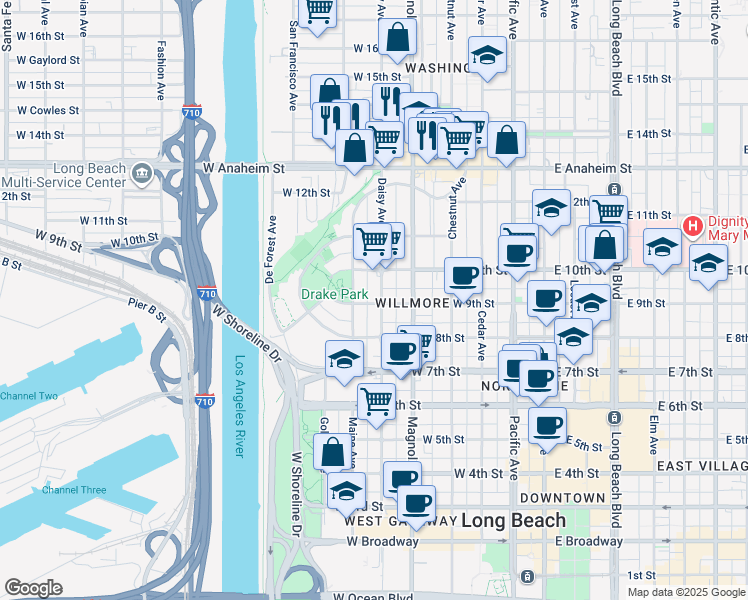 map of restaurants, bars, coffee shops, grocery stores, and more near 5 Nylic Court in Long Beach