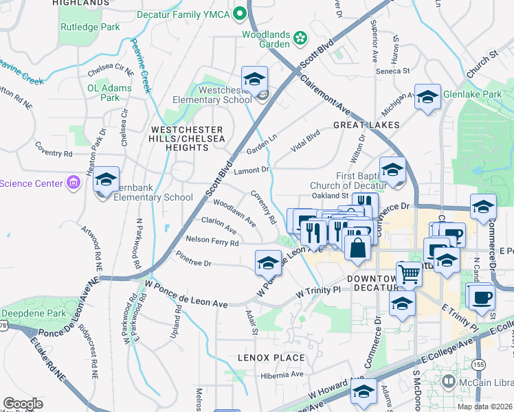 map of restaurants, bars, coffee shops, grocery stores, and more near 175 Coventry Road in Decatur