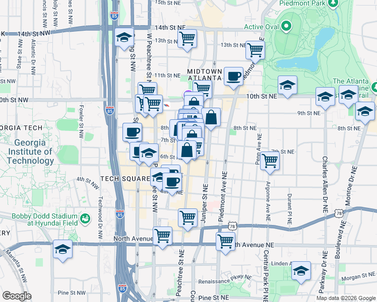 map of restaurants, bars, coffee shops, grocery stores, and more near 881 Peachtree Street Northeast in Atlanta