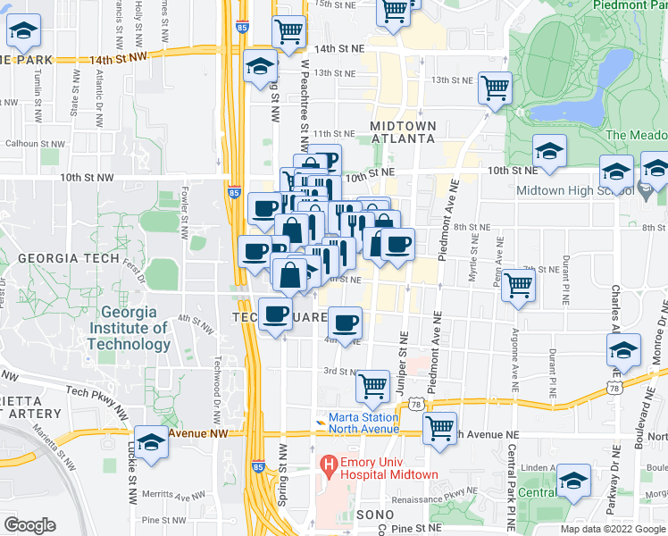 map of restaurants, bars, coffee shops, grocery stores, and more near 885 West Peachtree Street Northwest in Atlanta
