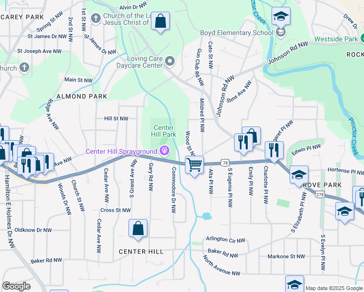 map of restaurants, bars, coffee shops, grocery stores, and more near 836 Wood Street Northwest in Atlanta