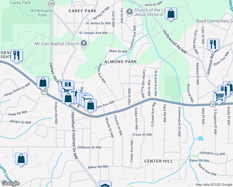 map of restaurants, bars, coffee shops, grocery stores, and more near 849 Ridge Avenue Northwest in Atlanta