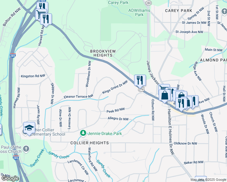 map of restaurants, bars, coffee shops, grocery stores, and more near 895 Kings Grant Drive Northwest in Atlanta