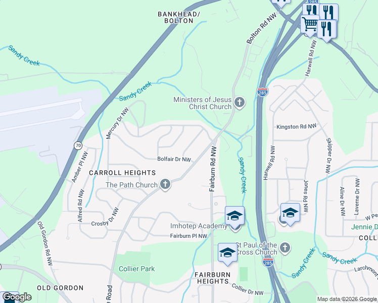 map of restaurants, bars, coffee shops, grocery stores, and more near 834 Bolton Place Northwest in Atlanta